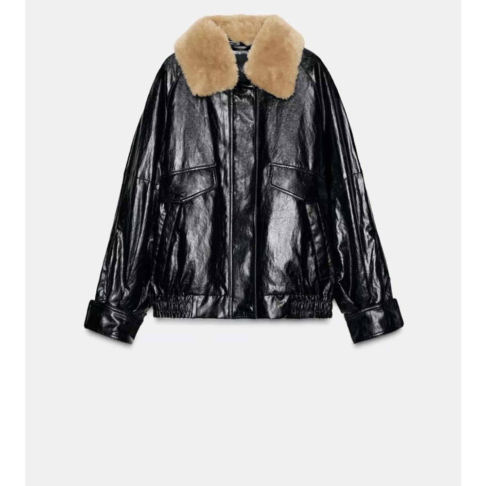 Zara Shiny Black Leather Jacket with Tan Collar